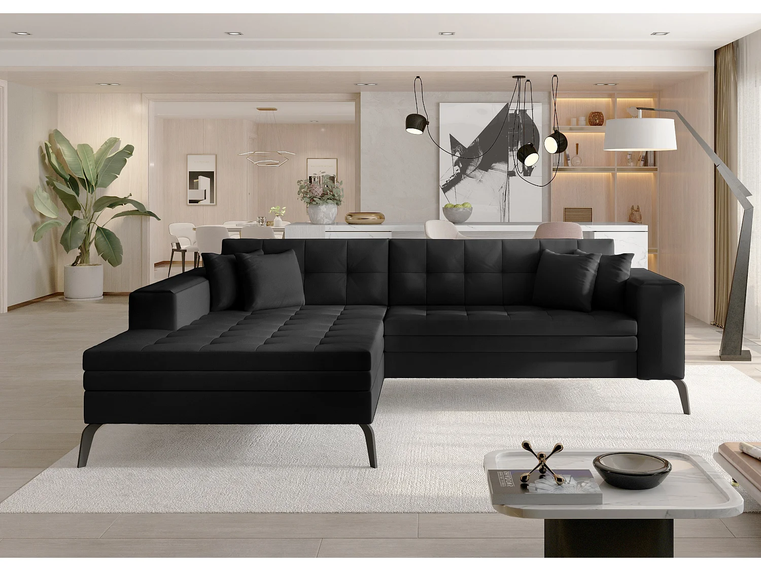 Canapé convertible capitonné angle gauche simili cuir noir et pieds métal noir Lazor 295cm