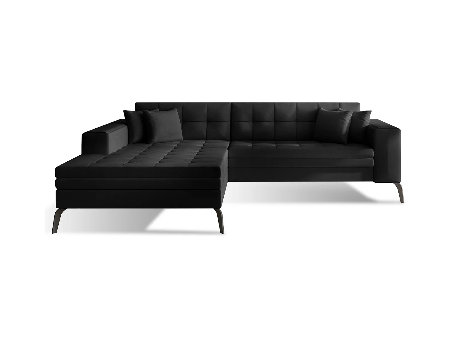 Canapé convertible capitonné angle gauche simili cuir noir et pieds métal noir Lazor 295cm