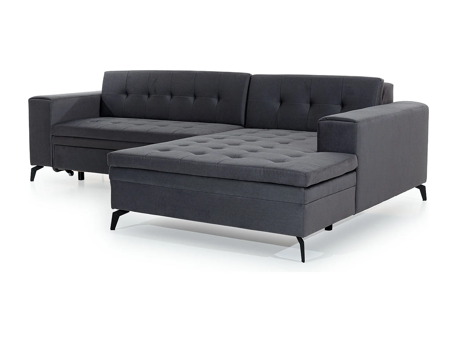 Canapé convertible capitonné angle gauche simili cuir noir et pieds métal noir Lazor 295cm