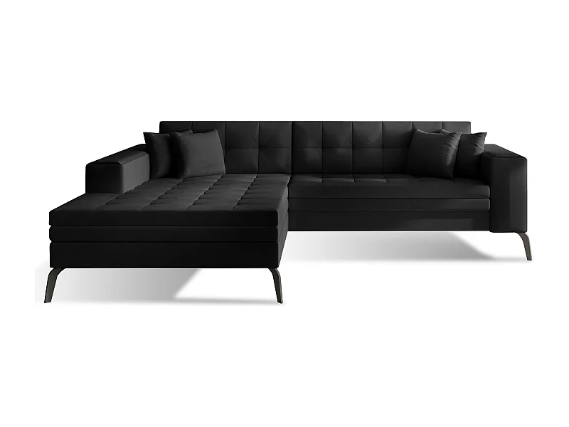 Canapé convertible capitonné angle gauche simili cuir noir et pieds métal noir Lazor 295cm