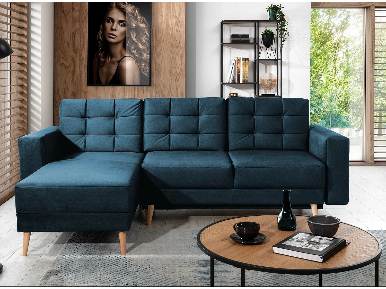 Anska marineblauw fluwelen omkeerbare en converteerbare hoekbank 235 cm