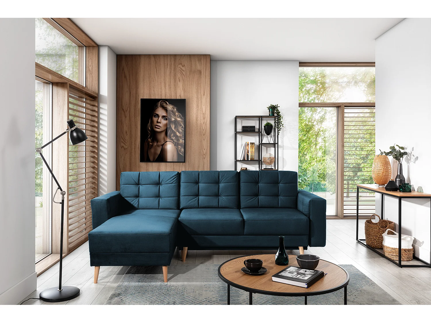 Canapé d'angle réversible et convertible velours bleu marine Anska 235cm