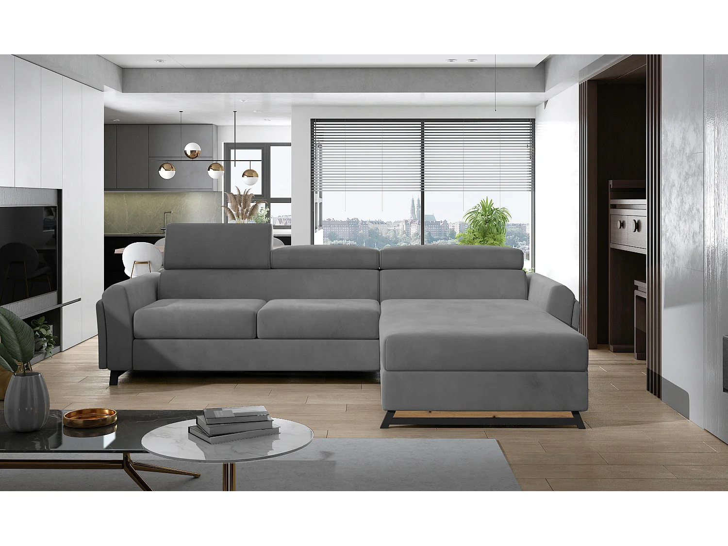 Converteerbare hoekbank rechts in antraciet fluweel met verstelbare hoofdsteunen Mazerali 300 cm