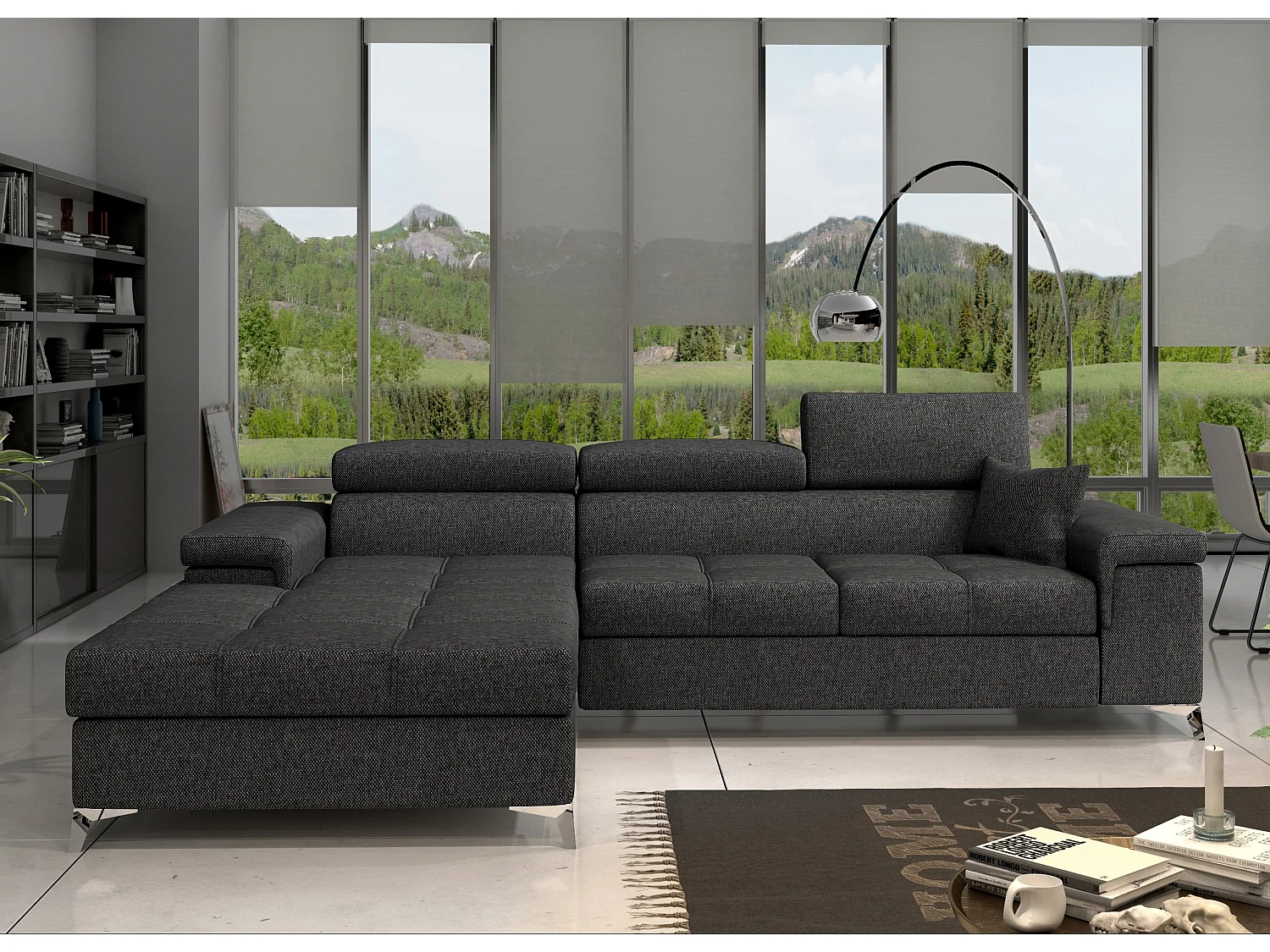 Canapé angle gauche convertible tissu gris foncé avec appuis-tête réglables Rikaro 280cm