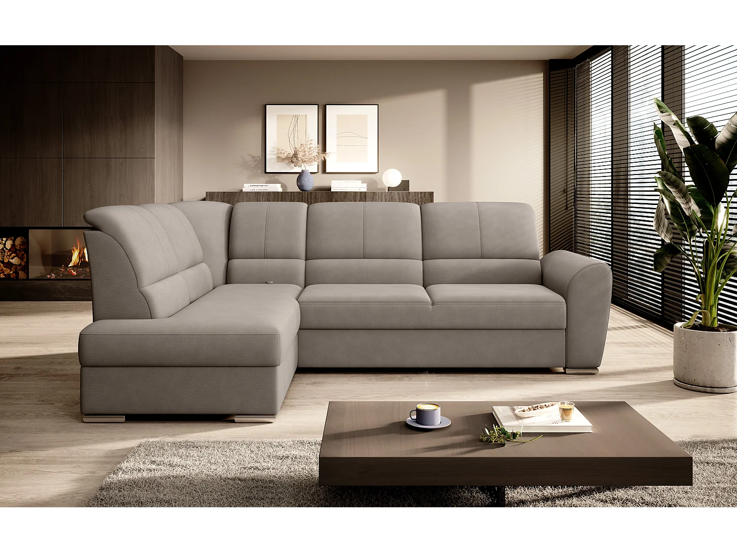 Canapé angle gauche convertible tissu beige et pieds acier chromé Zabor 270cm