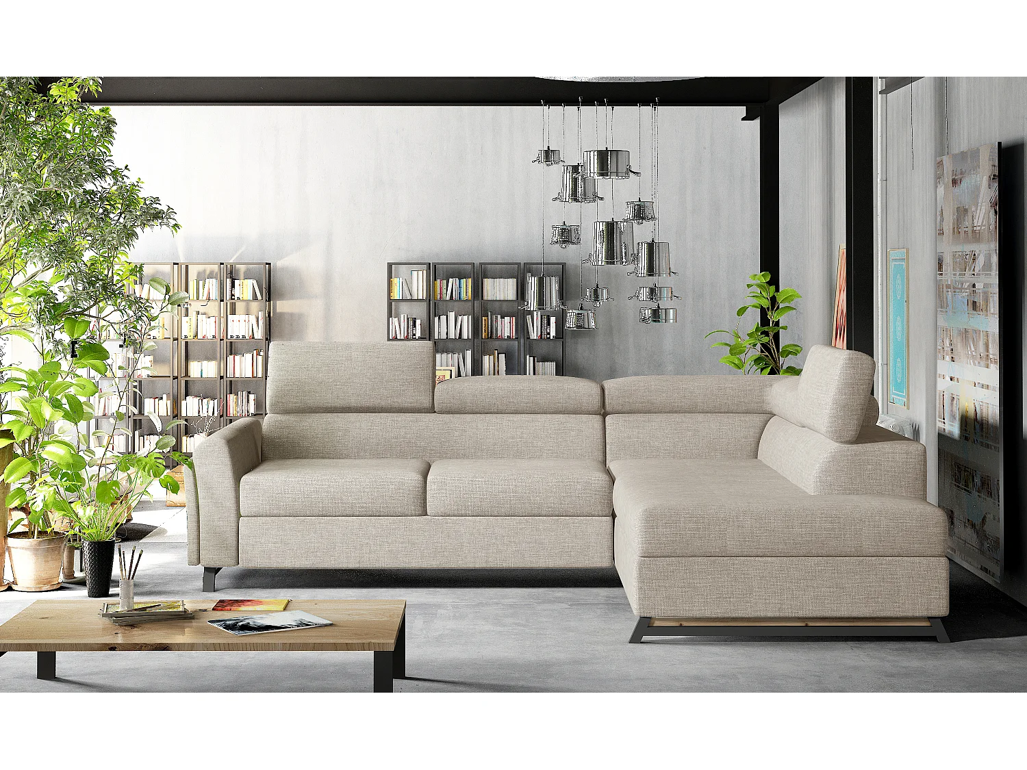 Converteerbare hoekbank rechts in lichtbeige stof met verstelbare hoofdsteunen Nikos 265 cm