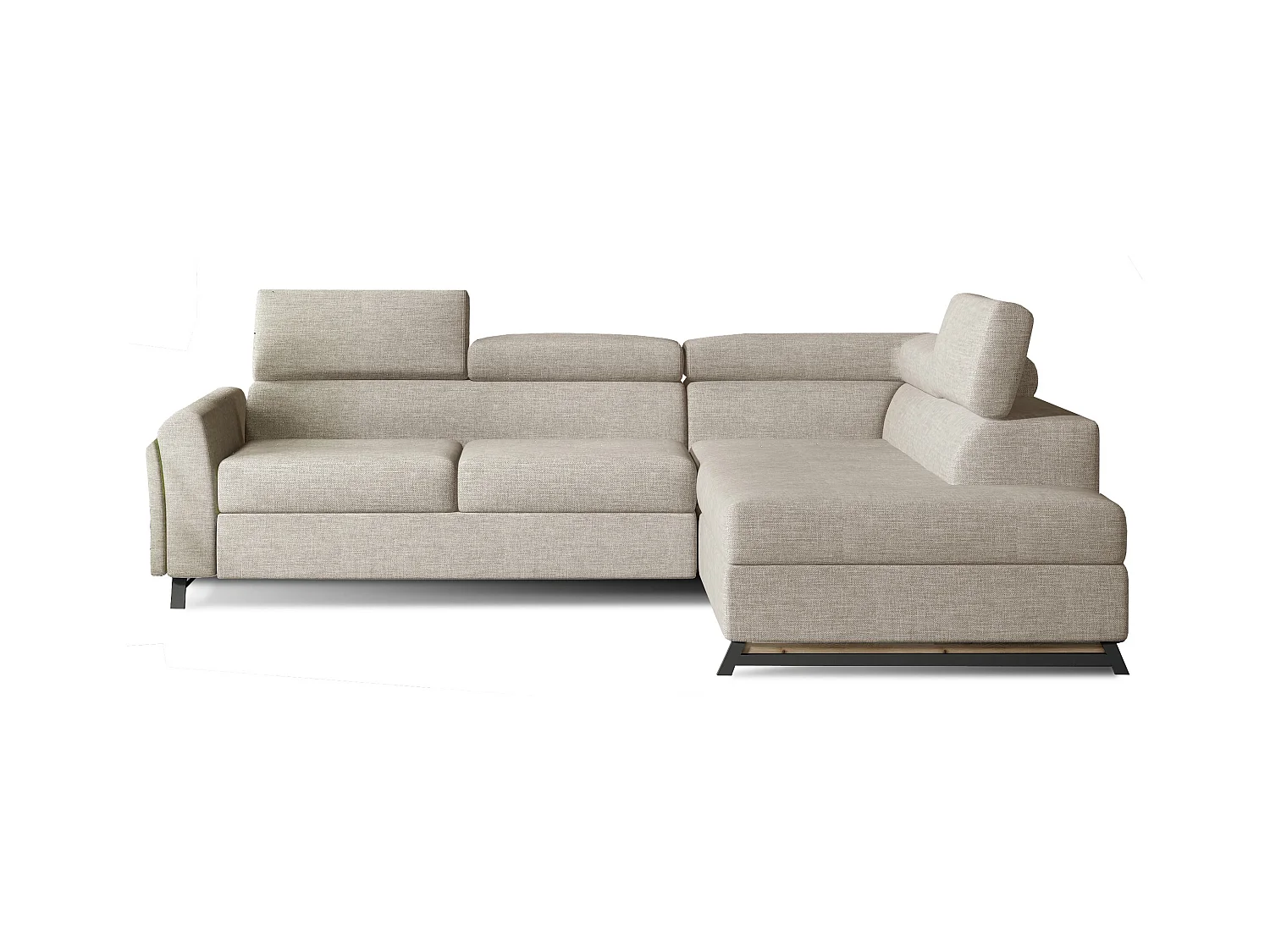 Canapé angle droit convertible tissu beige clair avec têtières réglables Nikos 265cm