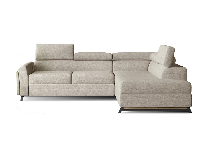 Canapé angle droit convertible tissu beige clair avec têtières réglables Nikos 265cm