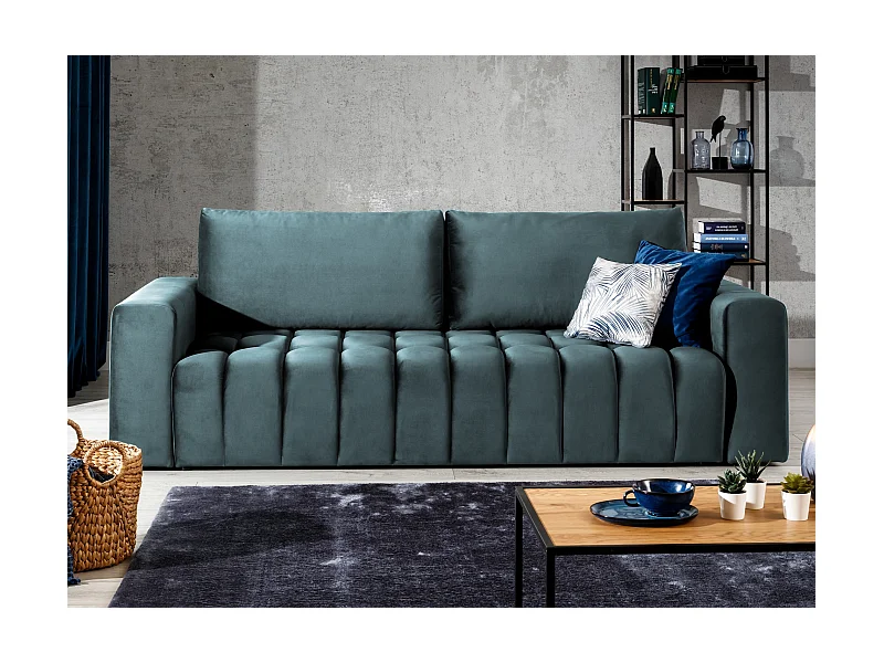 Canapé convertible 3 places velours vert bleuté avec coffre de rangement Larko 245cm