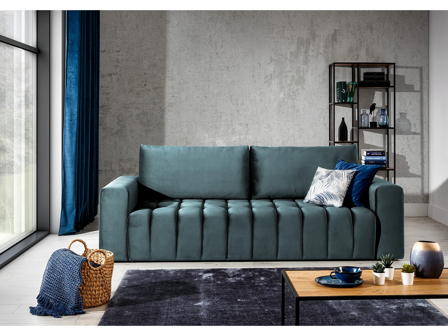 3-zits slaapbank in blauwgroen fluweel met opbergdoos Larko 245 cm