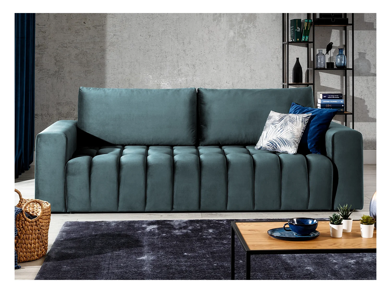 Canapé convertible 3 places velours vert bleuté avec coffre de rangement Larko 245cm