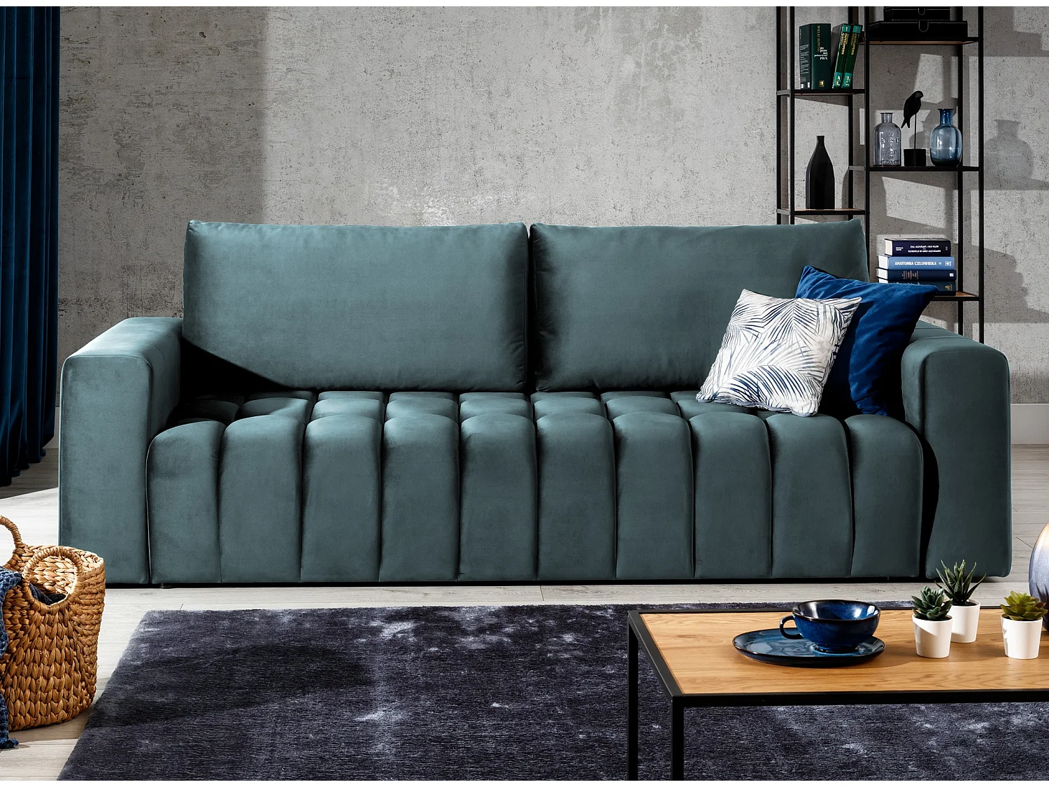 Canapé convertible 3 places velours vert bleuté avec coffre de rangement Larko 245cm