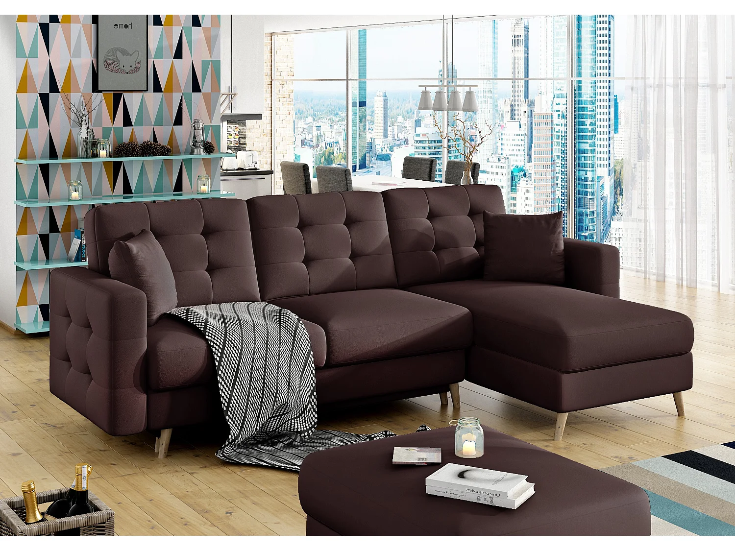 Canapé d'angle réversible et convertible simili cuir marron Anska 250cm