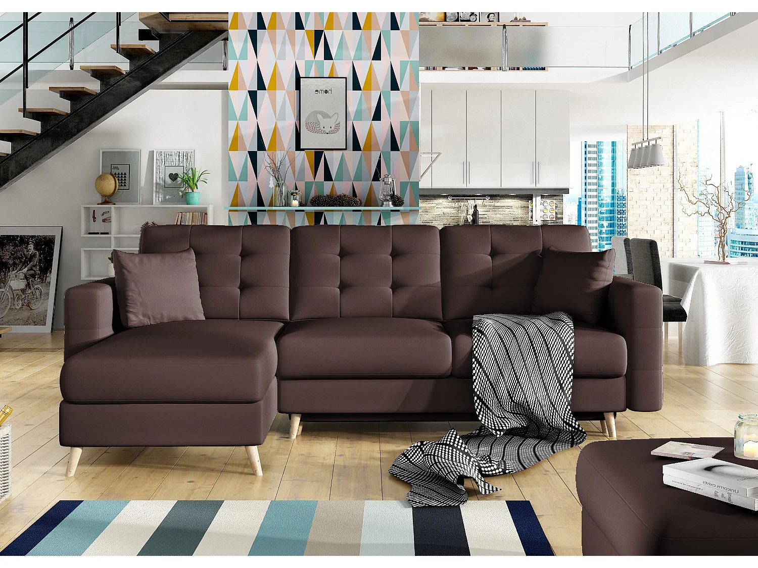 Canapé d'angle réversible et convertible simili cuir marron Anska 250cm