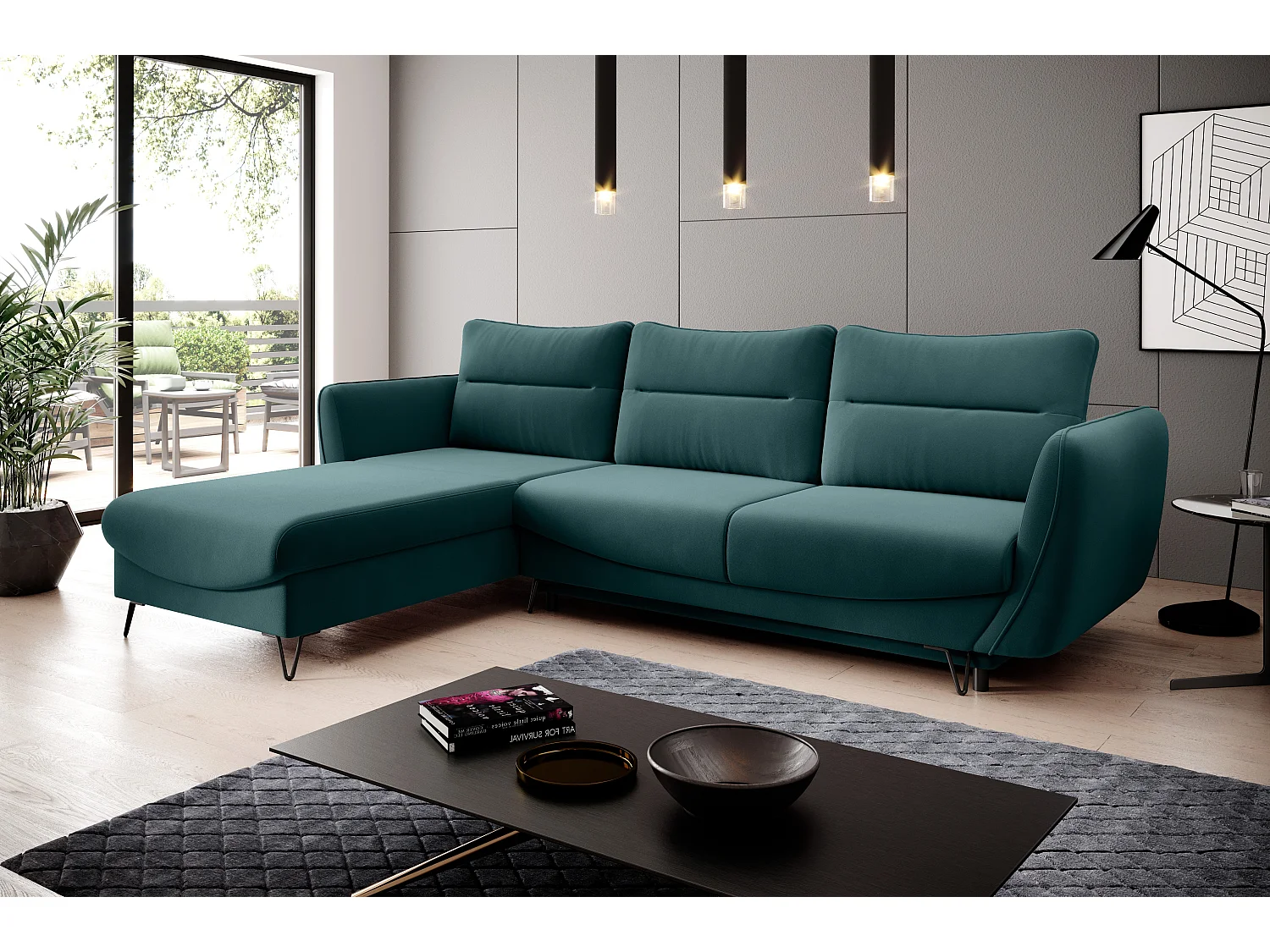 Canapé d'angle gauche convertible velours vert bouteille Zurik 276cm