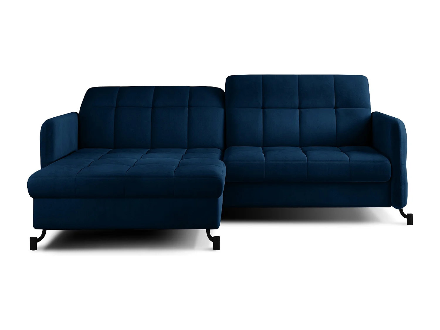 Canapé convertible angle gauche avec têtières réglables velours matelassé bleu foncé Lory 225cm