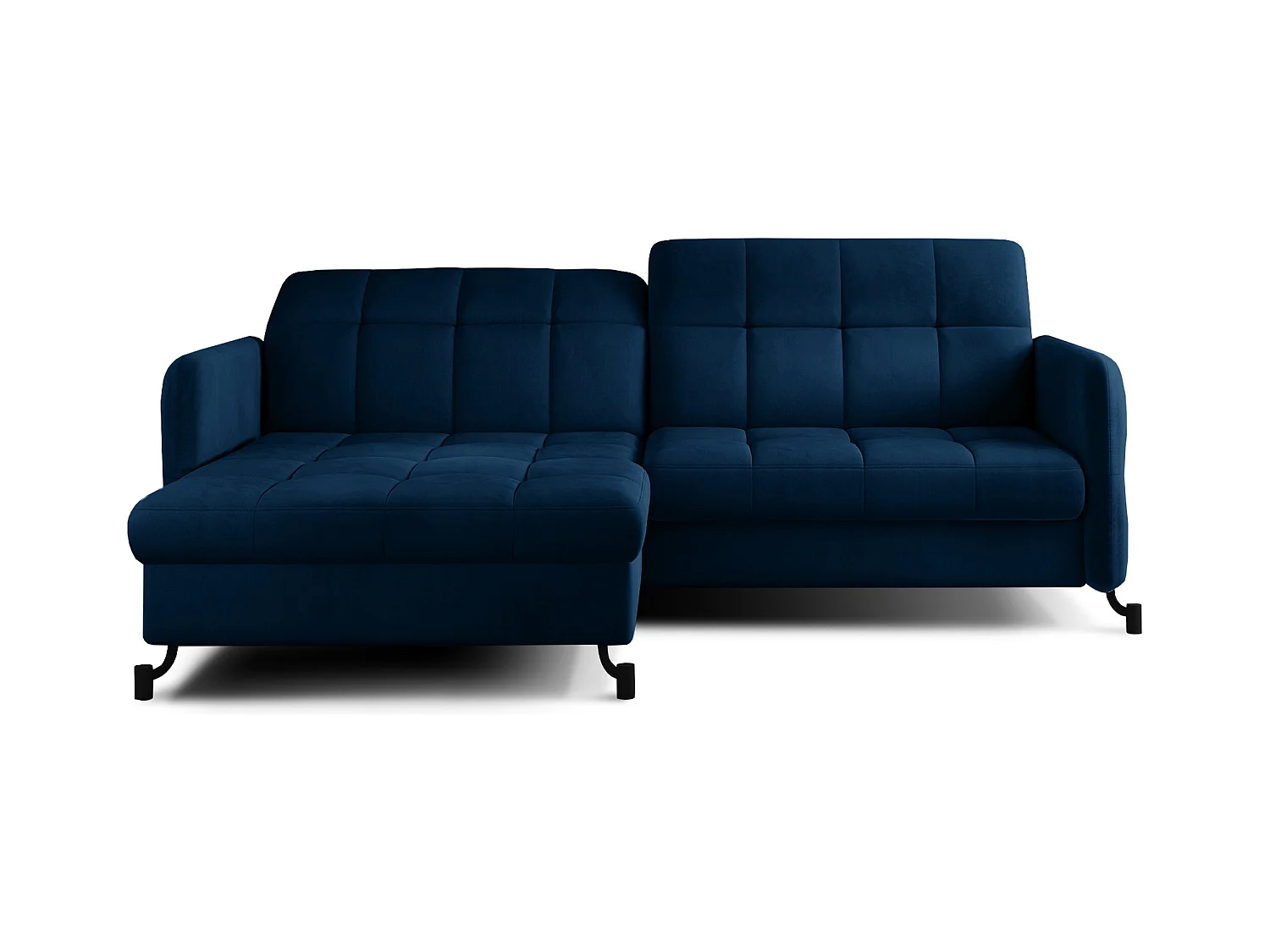 Canapé convertible angle gauche avec têtières réglables velours matelassé bleu foncé Lory 225cm