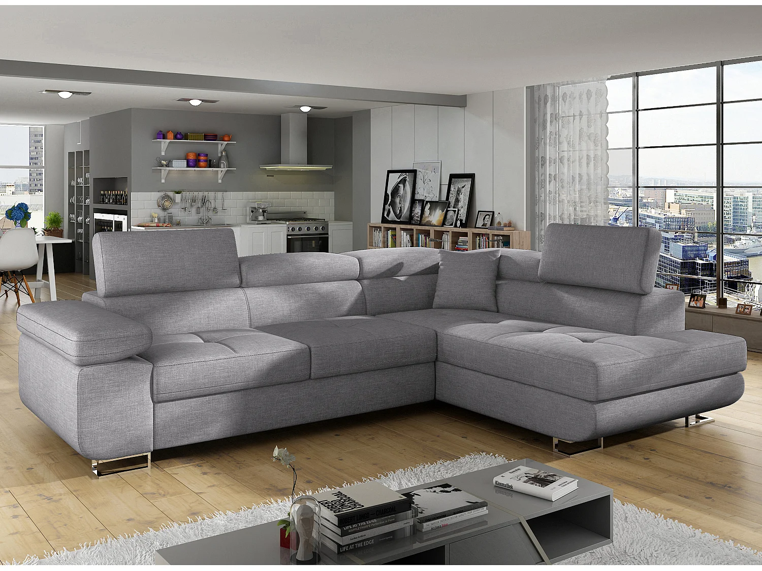 Canapé d'angle droit convertible tissu gris clair Marka 275cm