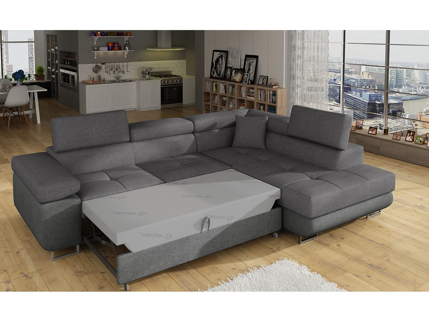 Sofá esquinero convertible de tela con reposacabezas elevables - Colección Marka-Gris-Ángulos rectos