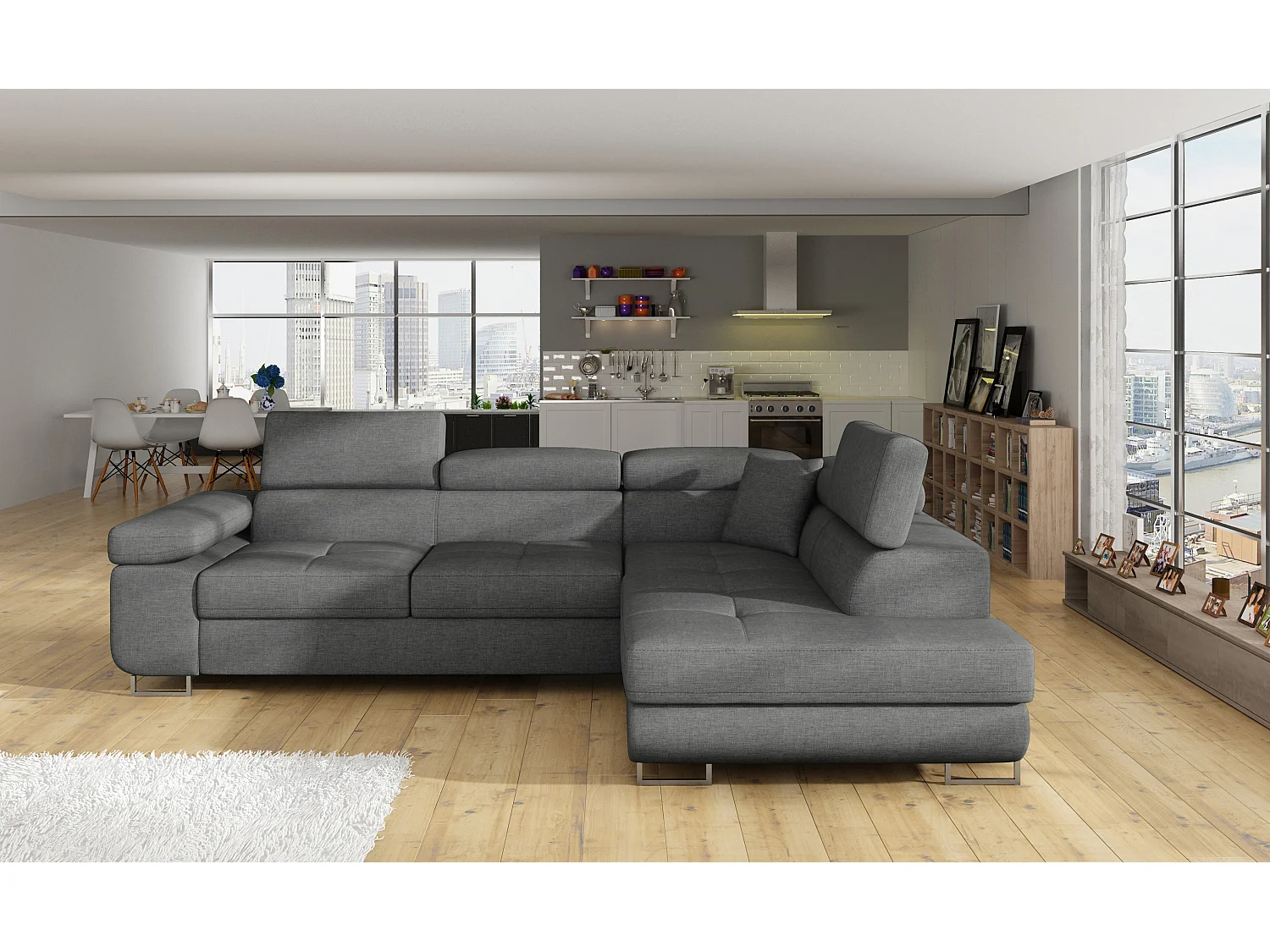 Sofá esquinero convertible de tela con reposacabezas elevables - Colección Marka-Gris-Ángulos rectos