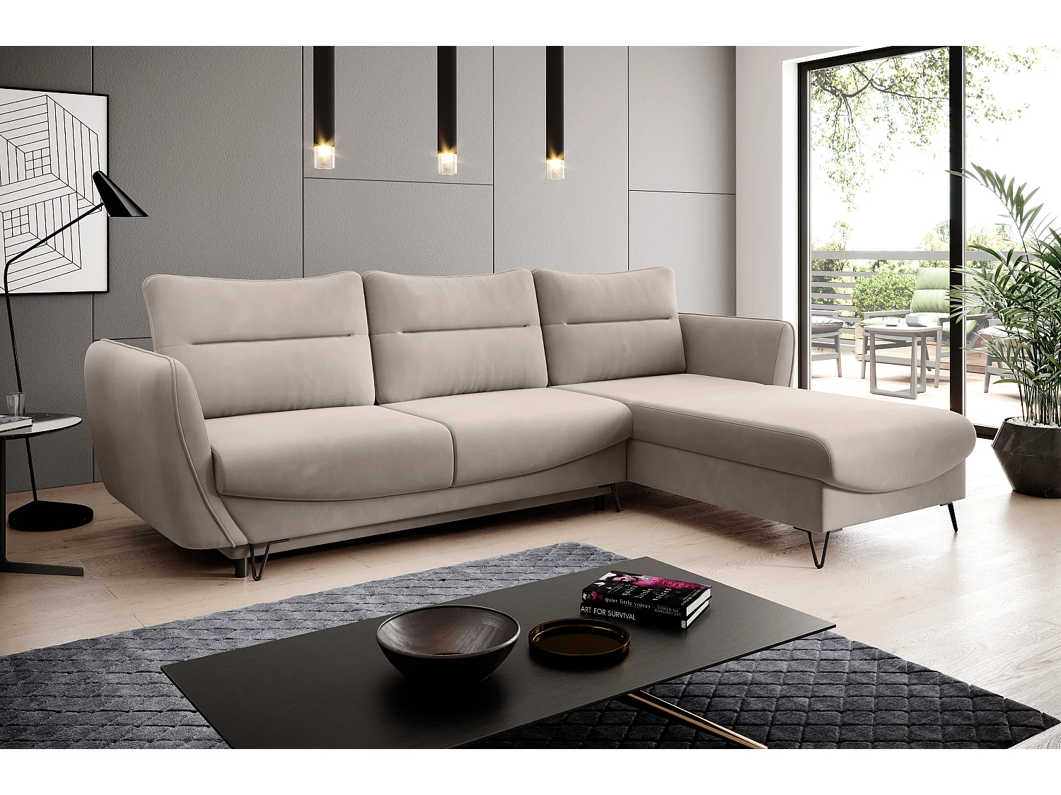 Zurik lichtbeige fluwelen converteerbare hoekbank rechts 276 cm