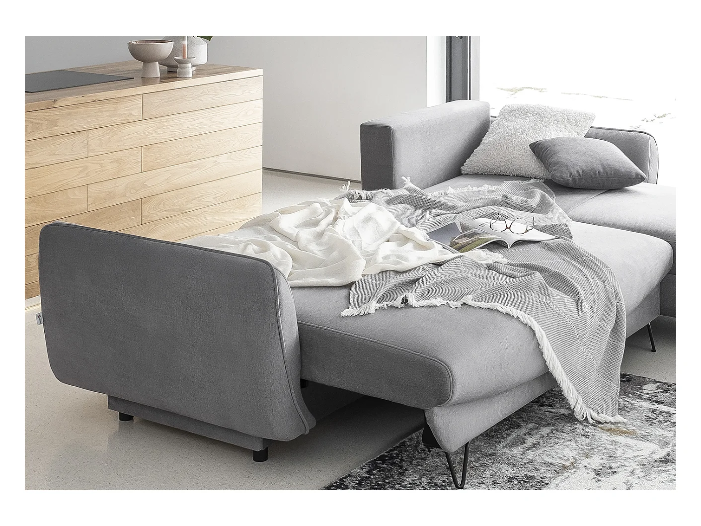 Zurik lichtbeige fluwelen converteerbare hoekbank rechts 276 cm