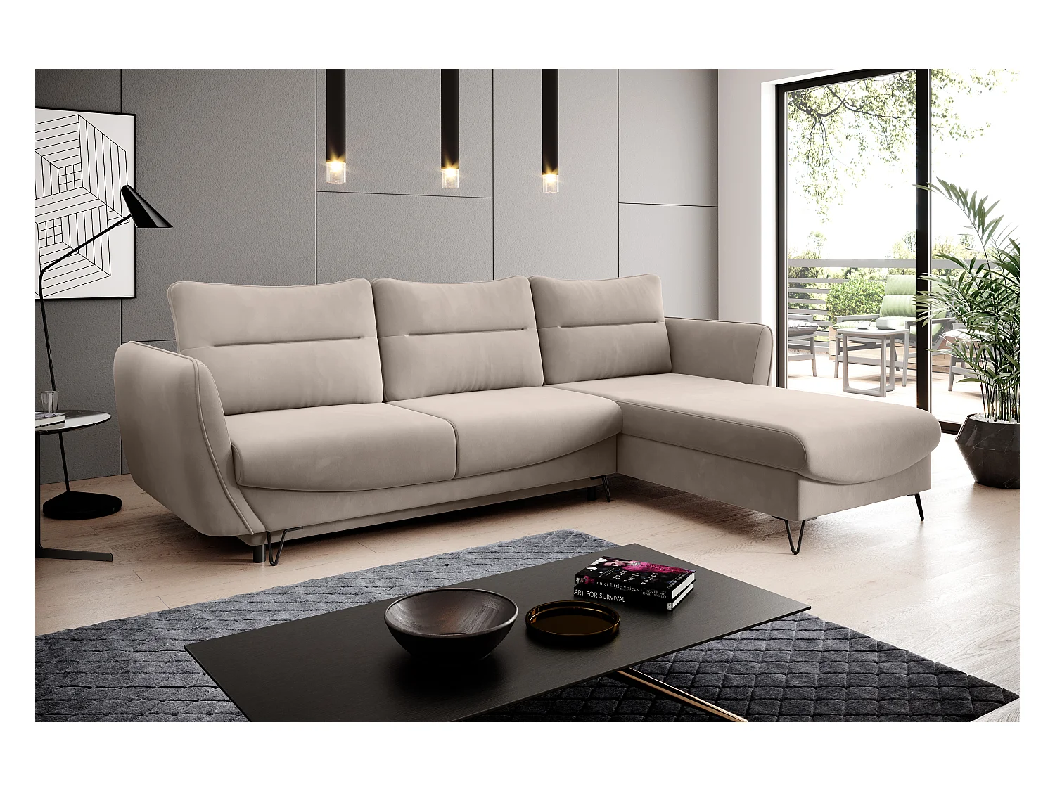 Canapé d'angle droit convertible velours beige clair Zurik 276cm