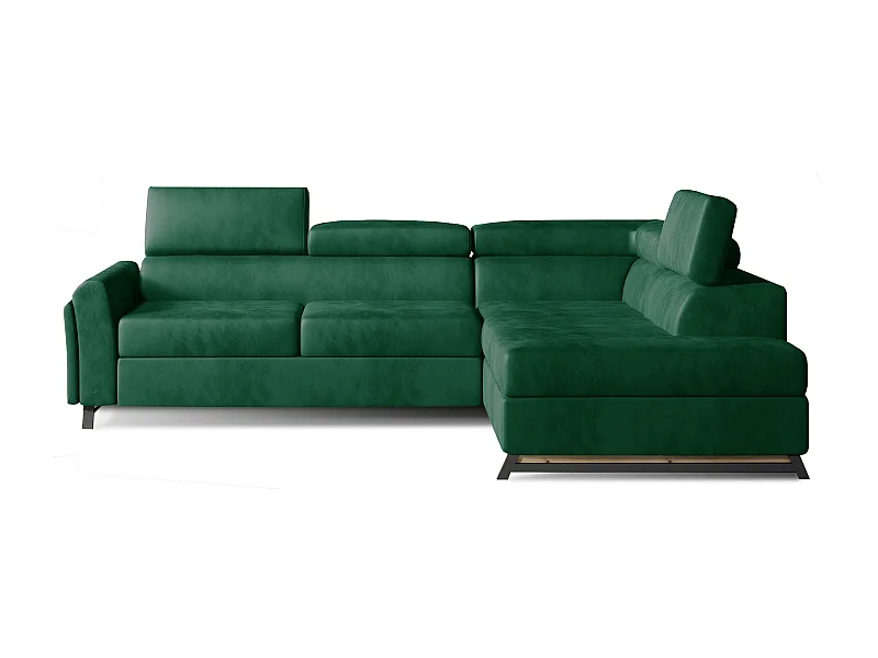 Canapé angle droit convertible velours vert avec têtières réglables Nikos 265cm