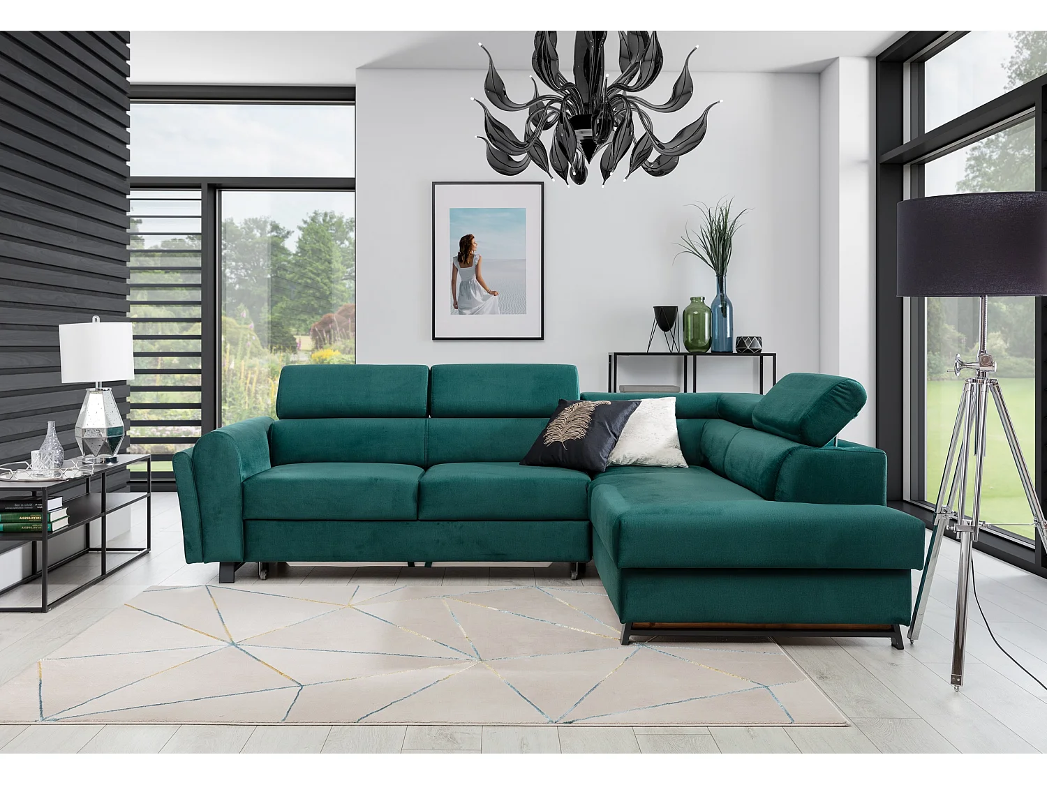 Canapé angle droit convertible velours vert avec têtières réglables Nikos 265cm