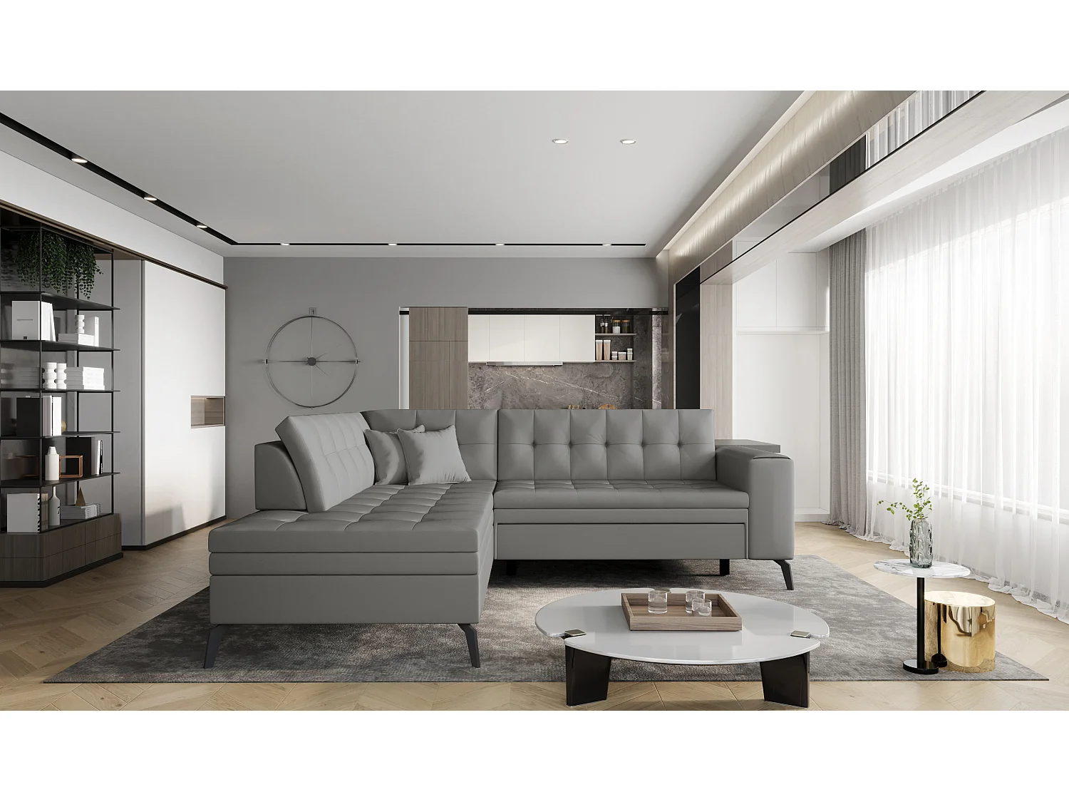 Canapé convertible capitonné angle gauche simili cuir gris Larry 260cm