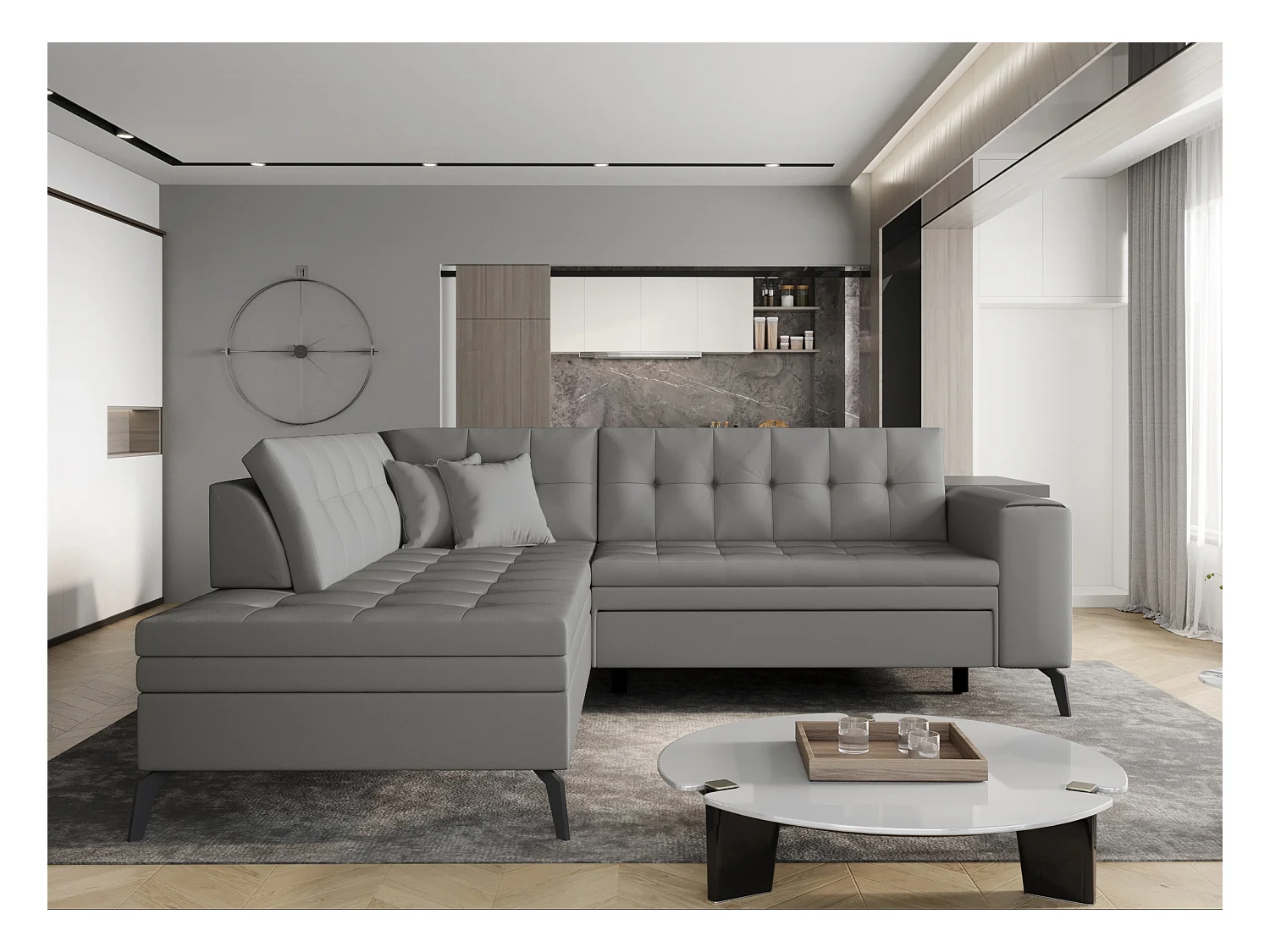 Canapé convertible capitonné angle gauche simili cuir gris Larry 260cm