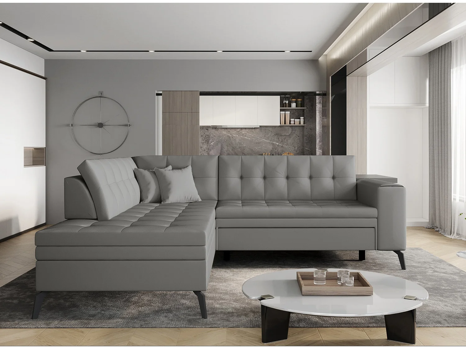 Canapé convertible capitonné angle gauche simili cuir gris Larry 260cm