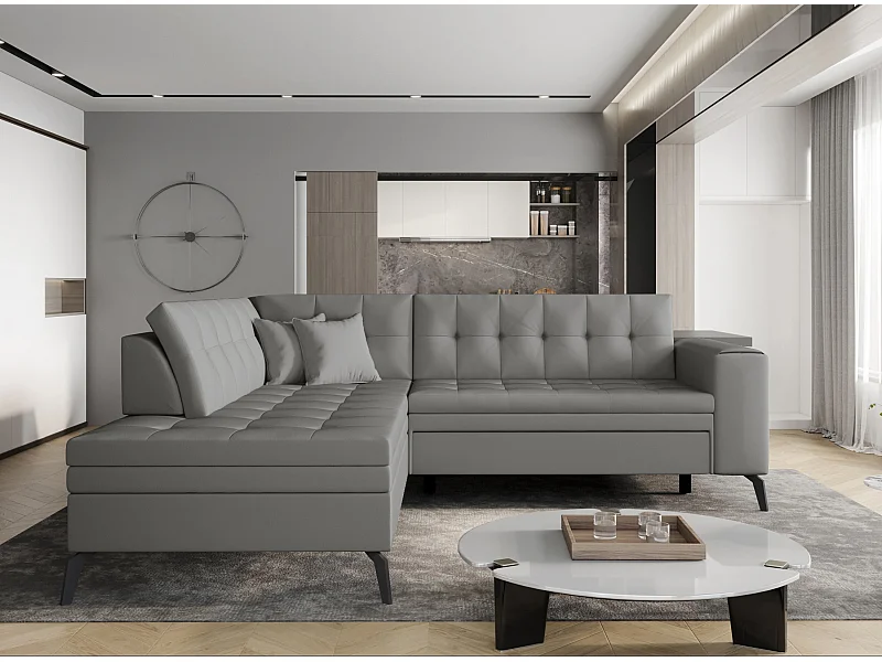 Canapé convertible capitonné angle gauche simili cuir gris Larry 260cm