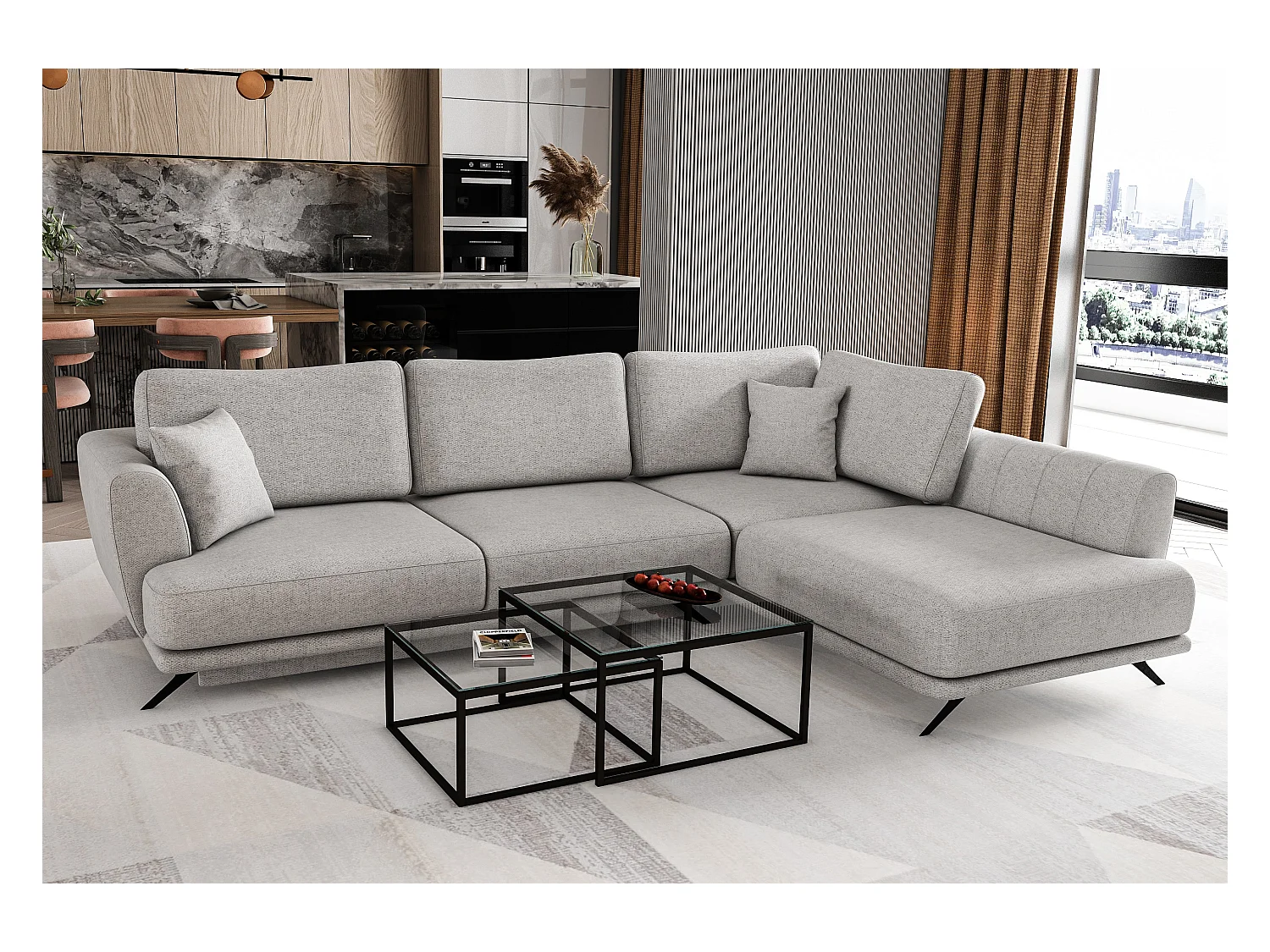 Canapé convertible angle droit tissu gris clair chiné Savary 280cm