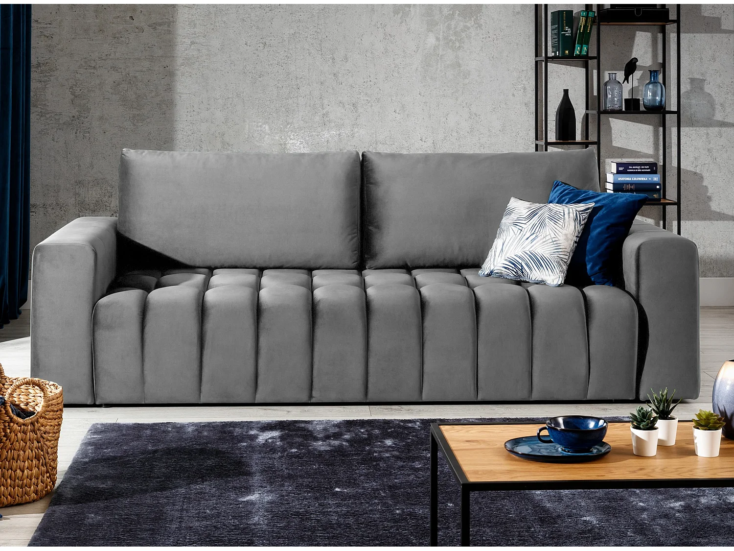 Canapé convertible 3 places tissu doux gris avec coffre de rangement Larko 245cm