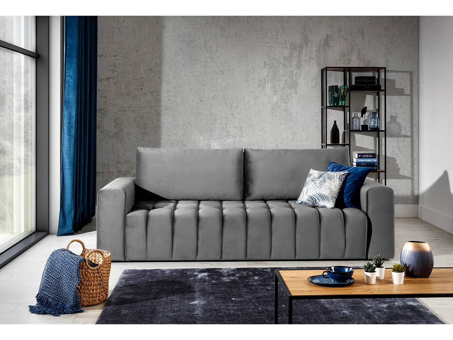 Canapé convertible 3 places tissu doux gris avec coffre de rangement Larko 245cm