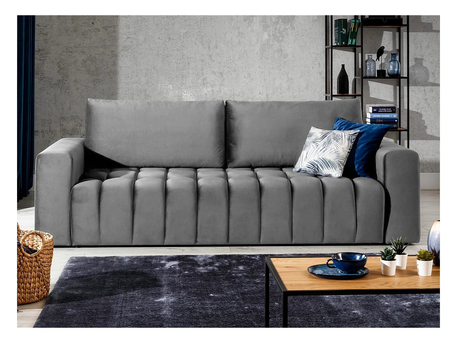 Canapé convertible 3 places tissu doux gris avec coffre de rangement Larko 245cm