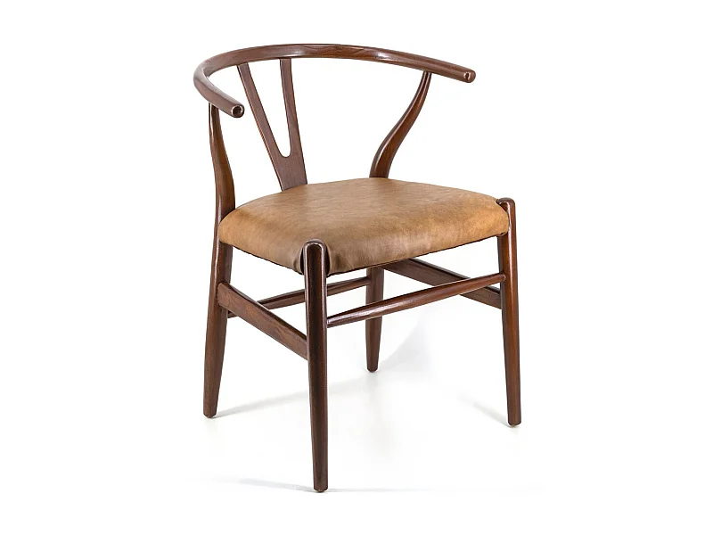 Silla Kuiza de madera maciza marrón y asiento de piel.