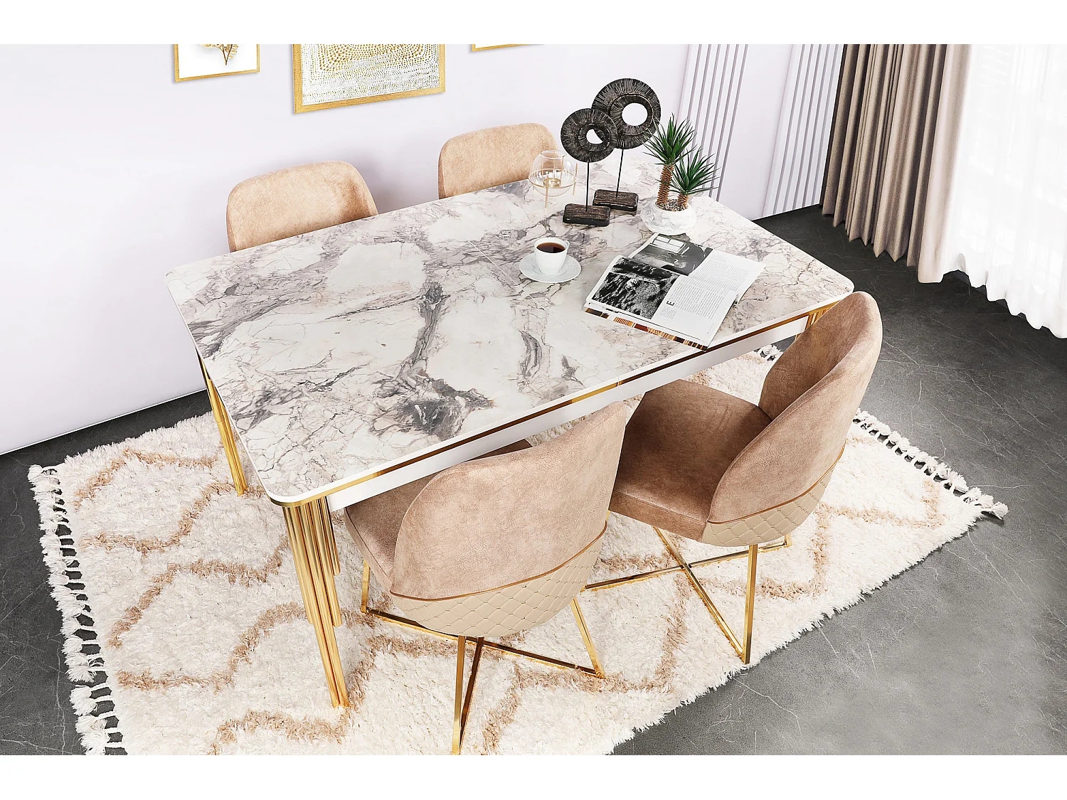 Skyma lichtbruine fluwelen designstoel en gouden poten - Set van 2