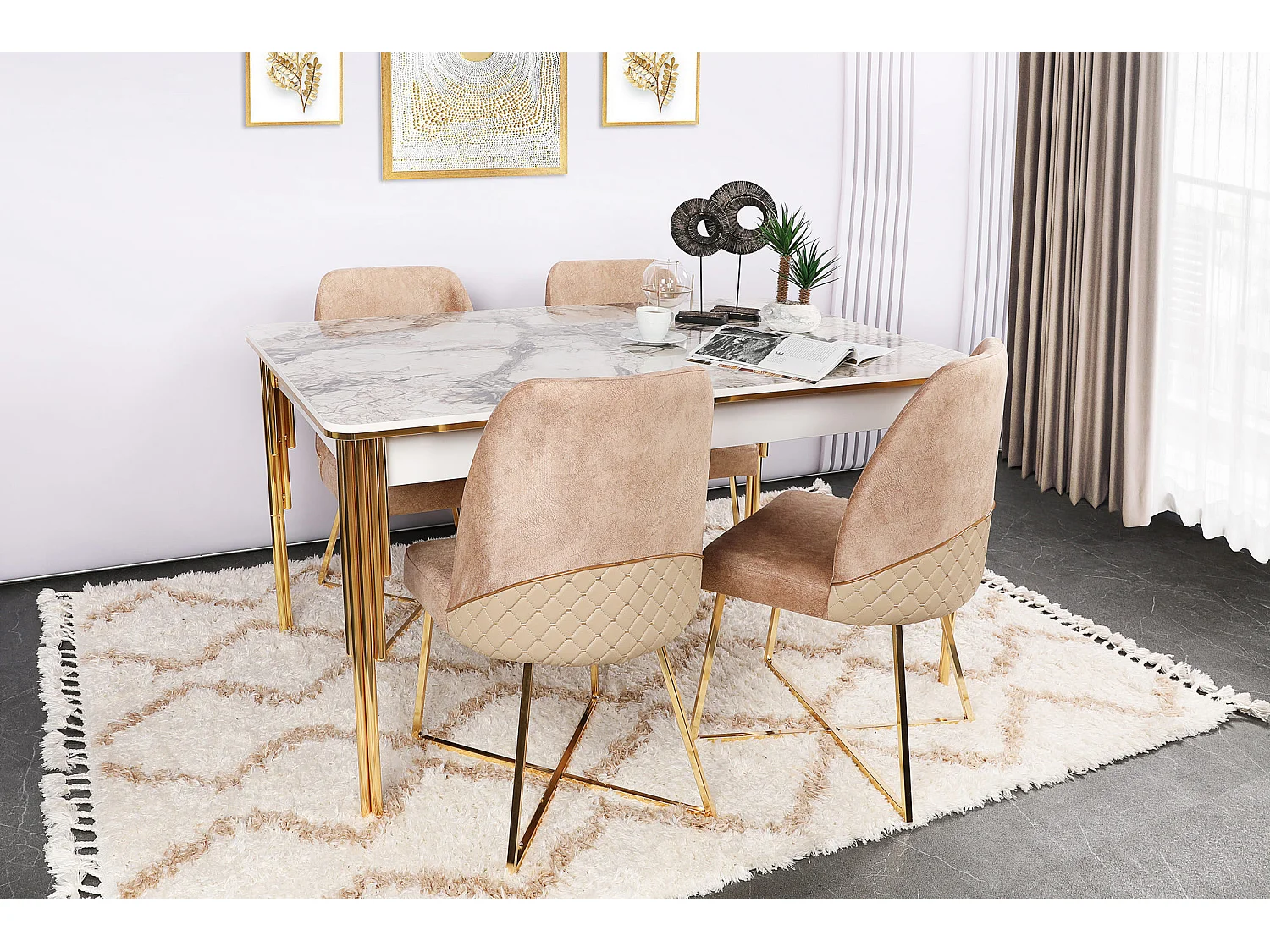 Chaise design velours marron clair et pieds doré Skyma - Lot de 2