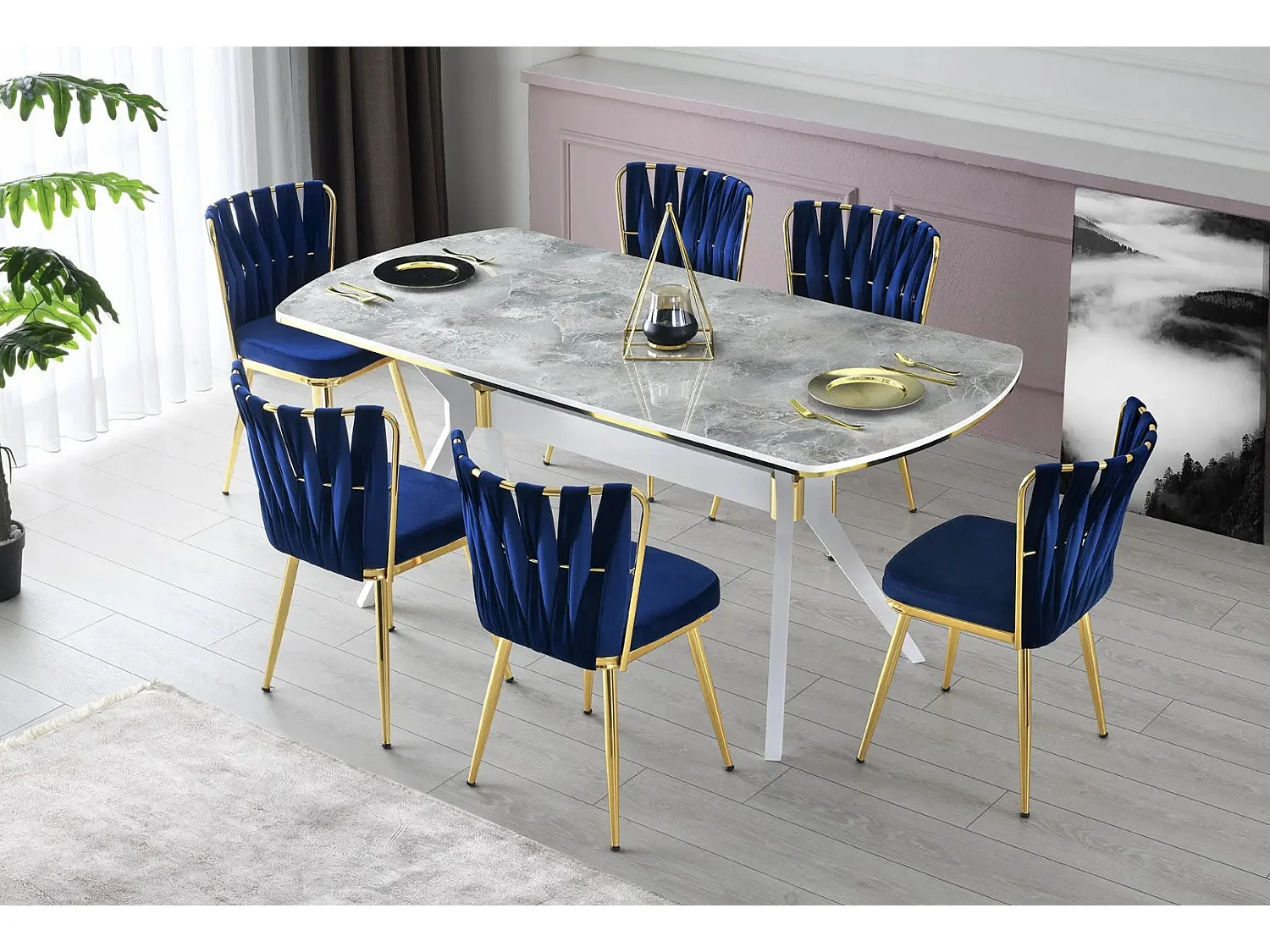 Chaise design velours bleu nuit et pieds doré Ribaldi - Lot de 2