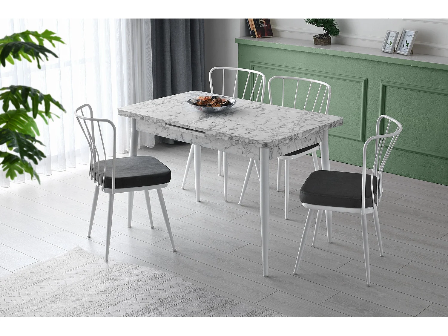 Chaise métal blanc et assise velours noir Manky - Lot de 4