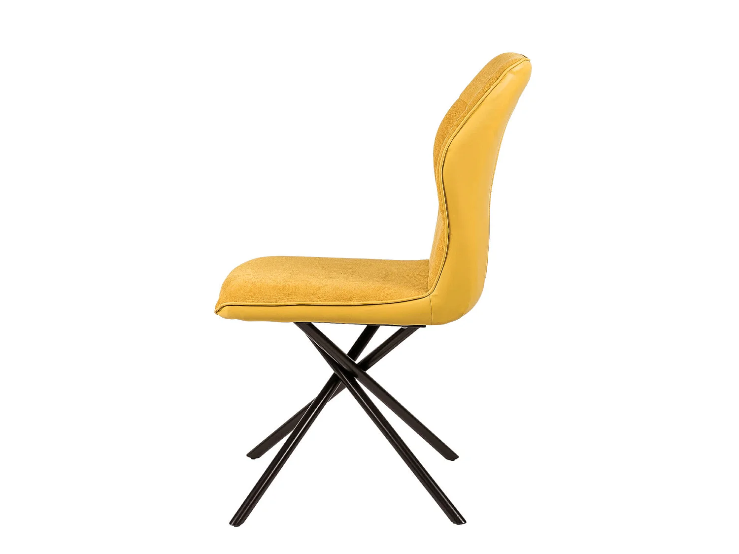 Chaise confortable tissu jaune moutarde rembourré et pieds croisés métal noir Klea