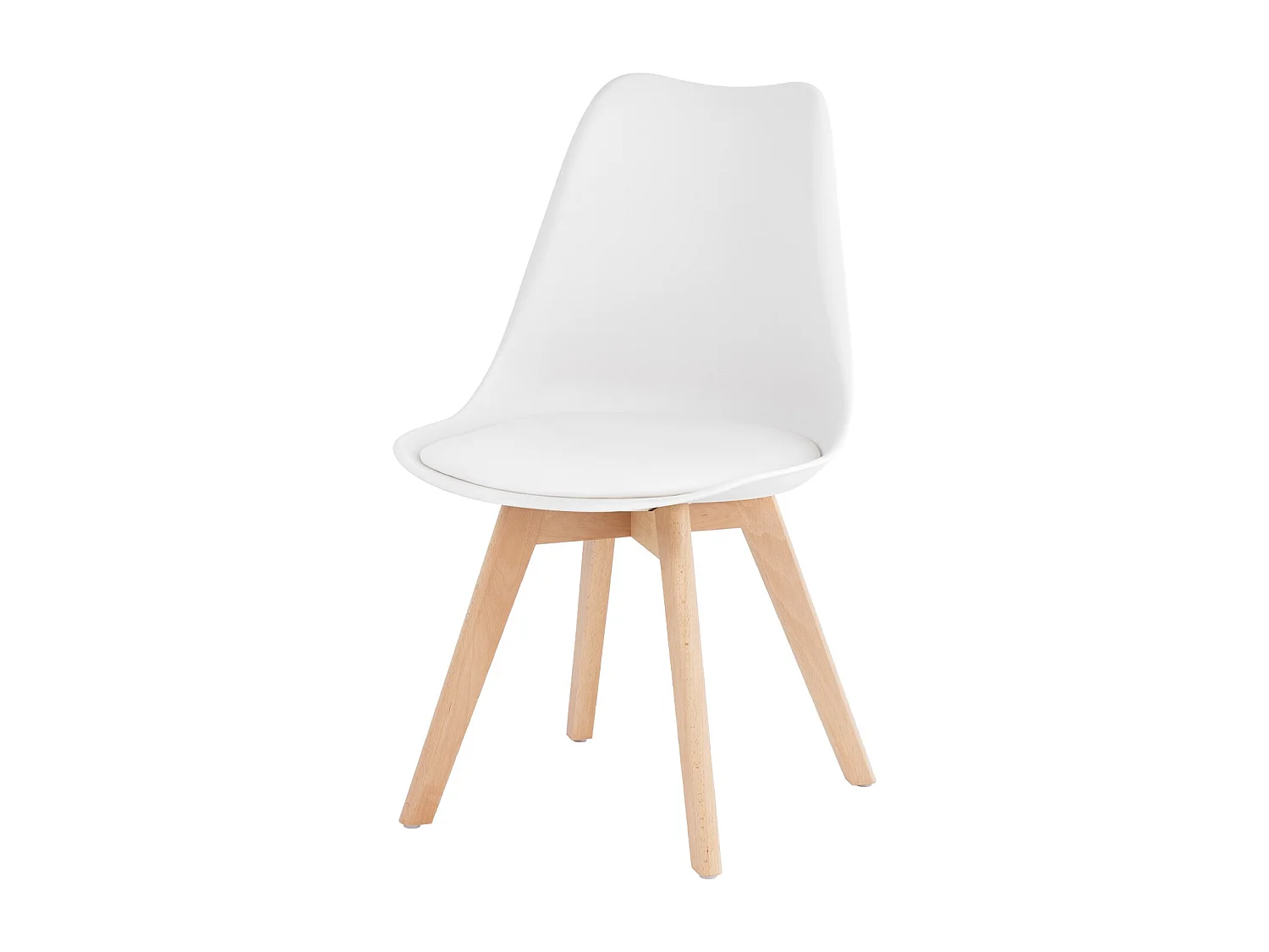 Witte Scandinavische stoel met kunstleren kussen en naturel beukenhouten poten Karena