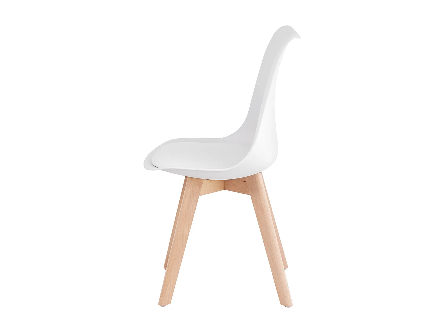 Witte Scandinavische stoel met kunstleren kussen en naturel beukenhouten poten Karena