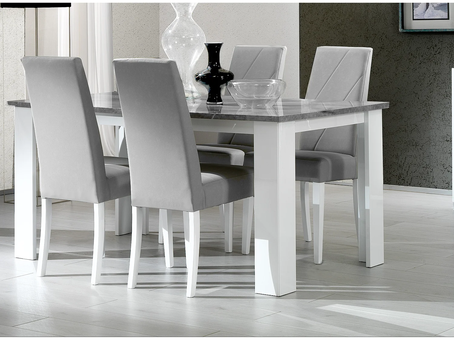 Chaise moderne bois blanc brillant et tissu gris Sting