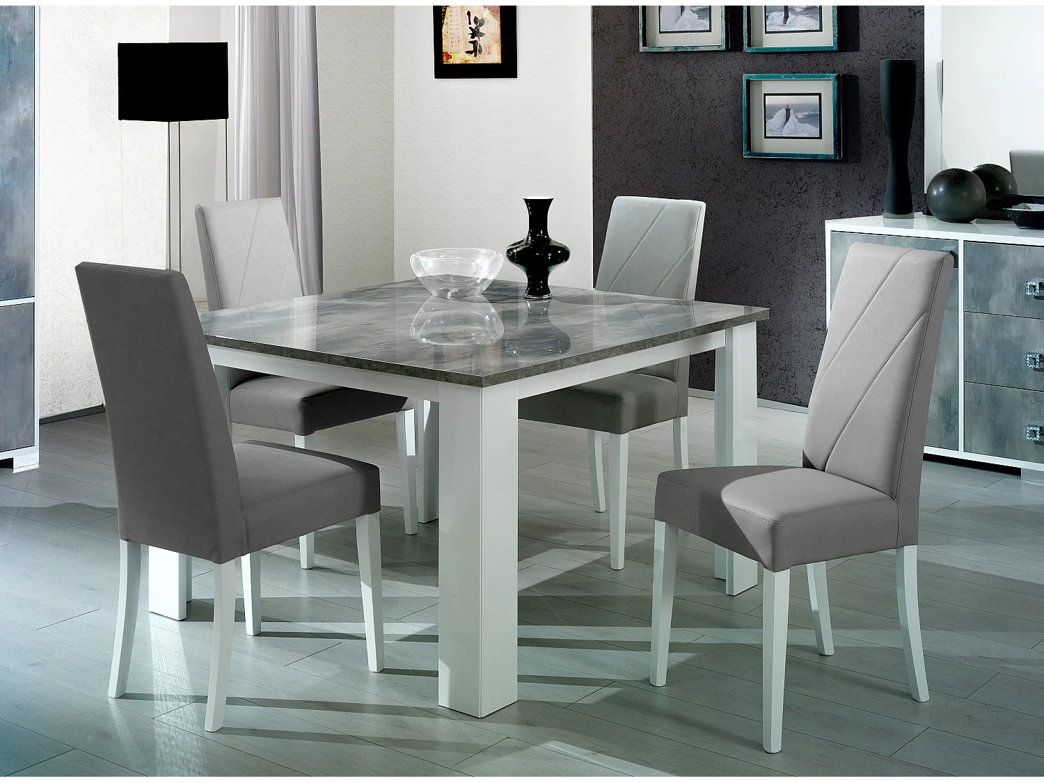 Chaise moderne bois blanc brillant et tissu gris Sting