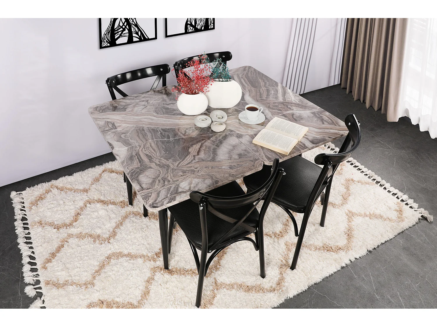 Chaise Kortal en bois et métal - Élégance rustique pour la cuisine-Couleur Noir-Pack de 4