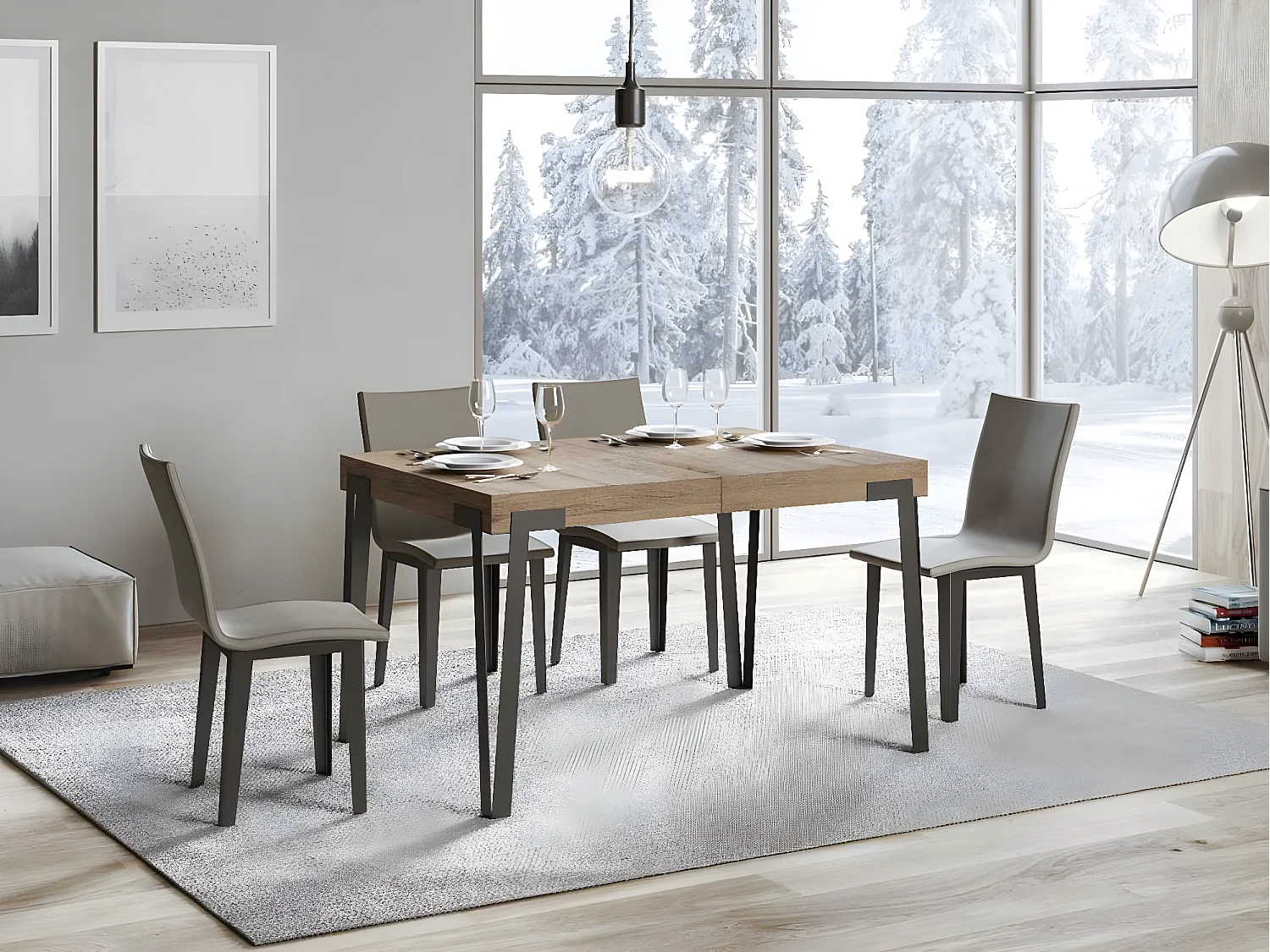 Table rectangulaire 130cm chênes clair et pieds métal anthracite Konta