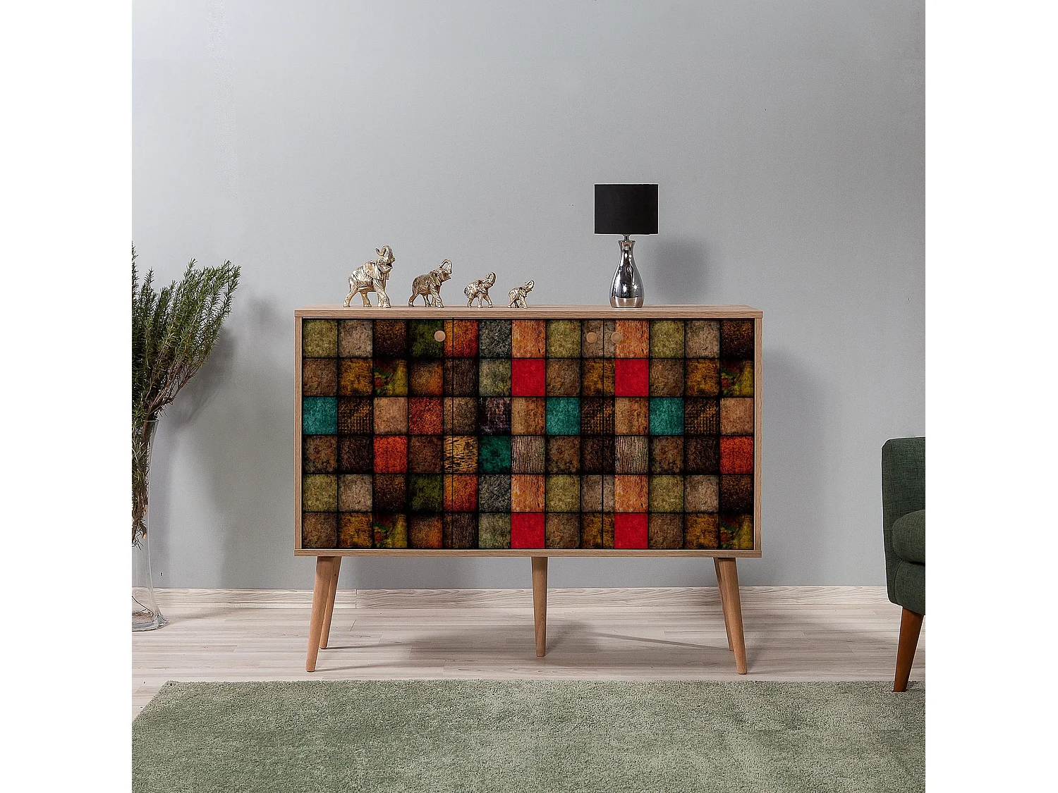 Buffet 3 portes Repono 120x90cm Motif Carreaux Bois Multicolore